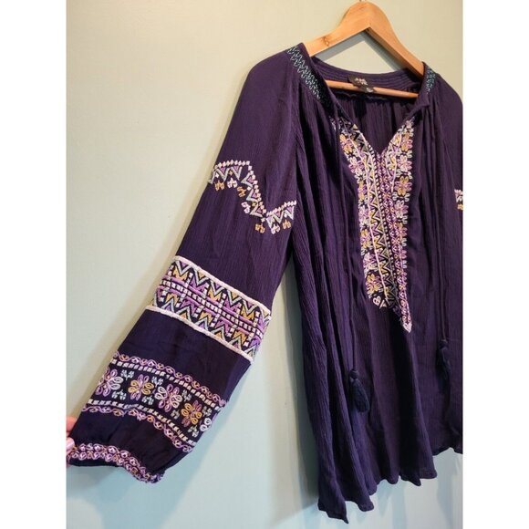 June & Vie Navy Blue Purple Boho Embroidered Long Sleeve Top Tassels Sz M - Picture 3 of 6